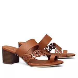 Tory Burch Tiny Miller Laser Cut Block Heel Sandals Toe Ring Slides NWOB Sz 10